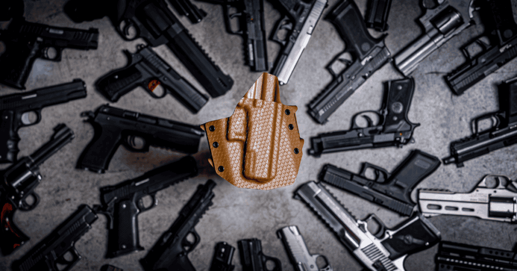 A brown Ronin OWB Holster with a textured print surrounded by different firearms.