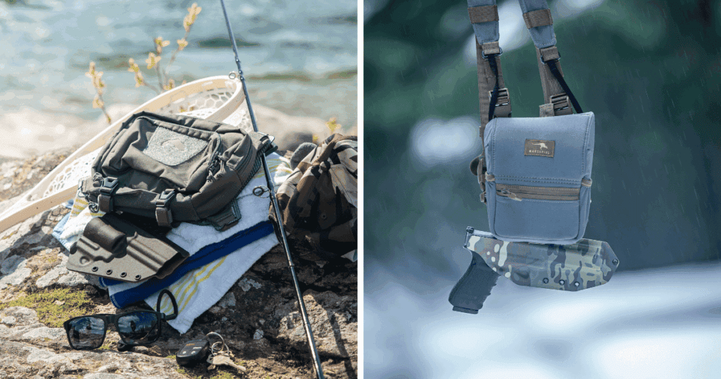 A picture of the GunfightersINC Tackle-Link Holster on the left and the Bino-Link Holster on the right.