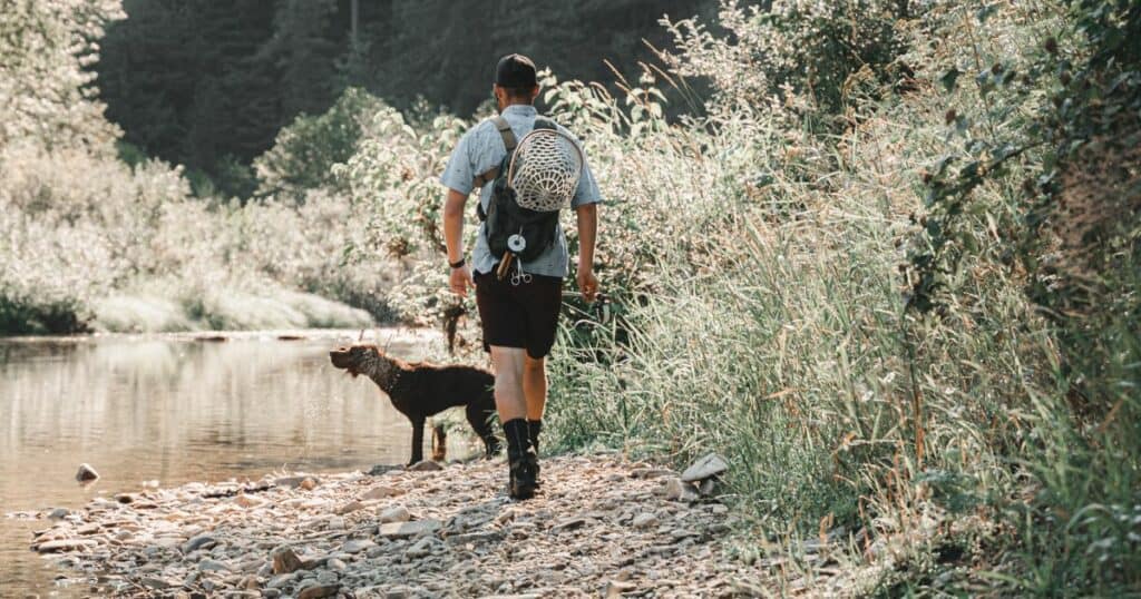 A man walking along a river with his dog looking for a fishing spot.