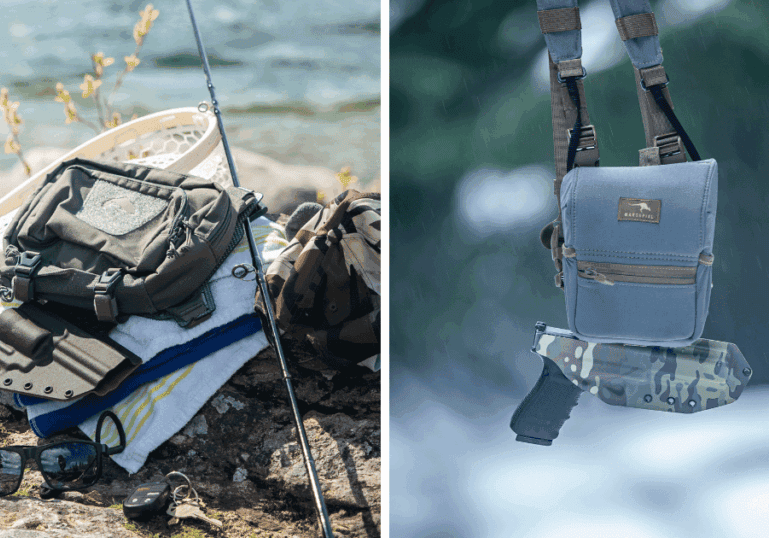 A picture of the GunfightersINC Tackle-Link Holster on the left and the Bino-Link Holster on the right.